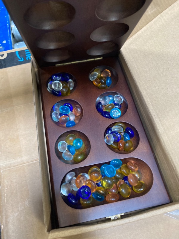 Photo 1 of AMEROUS Wooden Mancala Board Game Set with 72+8 Bonus Multi Color Glass Stones - Folding Board - Mancala Instructions, Classic Family Board Game for Kids Adults, Tabletop Version