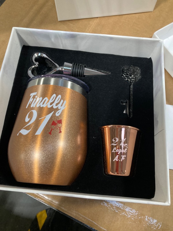 Photo 2 of 21st Birthday Gifts For Women, Funny Birthday Wine Gifts Ideas for Her, Friend, Daughter, Sister | Unique Finally 21 Stainless Steel Wine Tumbler Shot Glass Set For 21 Year Old FACTORY SEALED*