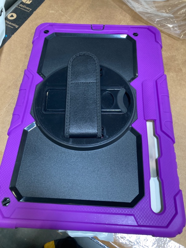 Photo 3 of FS FANSONG Case for Galaxy Tab S8 Ultra 2022 Heavy Duty Silicone Protective Cover for Tablet S8 Ultra 14.6 Inch w/S-Pen Holder Rotating Stand Handle Shoulder Strap Purple