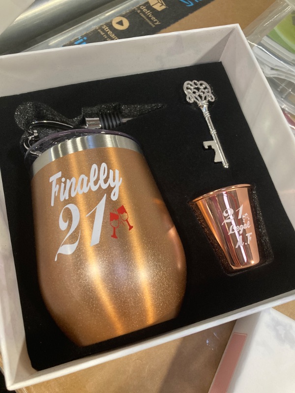 Photo 2 of 21st Birthday Gifts For Women, Funny Birthday Wine Gifts Ideas for Her, Friend, Daughter, Sister | Unique Finally 21 Stainless Steel Wine Tumbler Shot Glass Set For 21 Year Old
\***factory sealed***