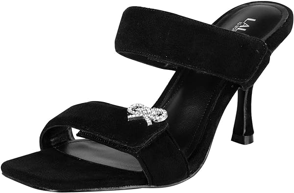Photo 1 of LALA IKAI Women's Square Toe Strap Mules Stiletto Backless Slip on Heels Sandals for Casual 9 Black