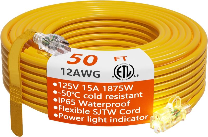 Photo 1 of 12/3 Gauge Heavy Duty Outdoor Extension Cord 50 ft Waterproof with Lighted end, Flexible Cold-Resistant 3 Prong Electric Cord Outside, 15Amp 1875W 12AWG SJTW, Yellow, ETL HUANCHAIN
