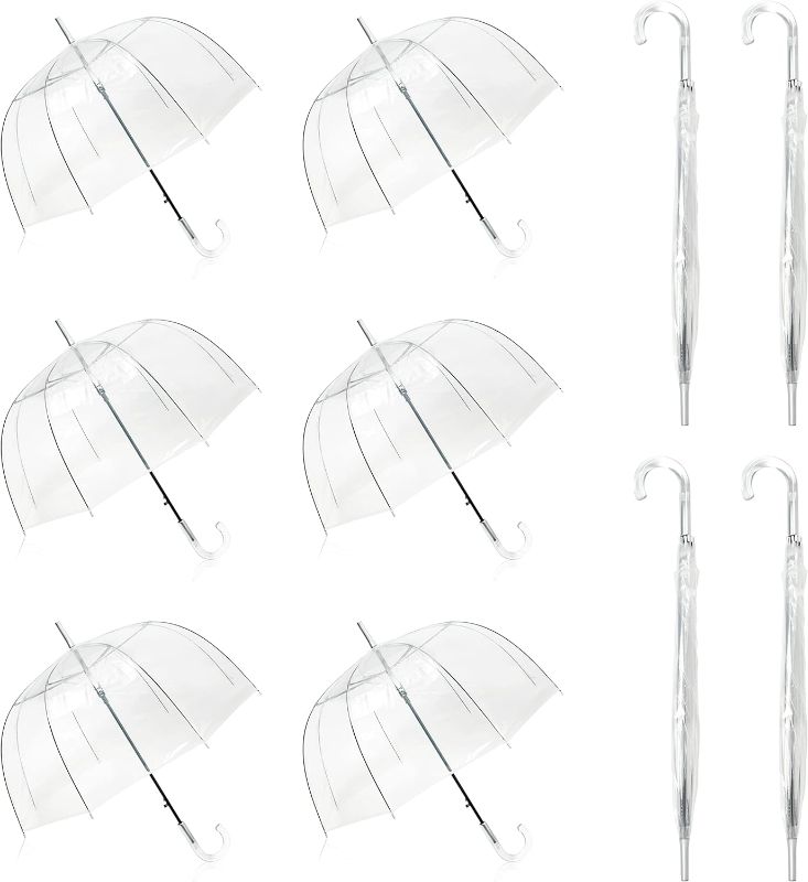 Photo 1 of 10 Pack 46 Inch Clear Bubble Umbrellas Wedding Style Large Canopy Transparent Stick Umbrellas Auto Open Windproof with European J Hook Handle Outdoor Umbrella for Adult
