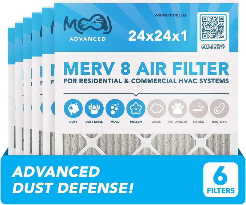 Photo 1 of 24x24x1 Air Filter (6-PACK) | MERV 8 | MOAJ Advanced Dust Defense | BASED IN USA | Quality Pleated Replacement Air Filters for AC & Furnace Applications | Actual Dimensions: 23.70” x 23.70” x 0.75”
