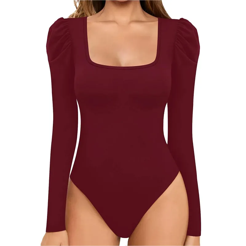 Photo 1 of JHLZHS Womens Bodysuit Puff Sleeve Square Neck Body Suit for Women Long Sleeve Bodysuits Shirts T Shirt Casual Pants for Women Trendy Red M
