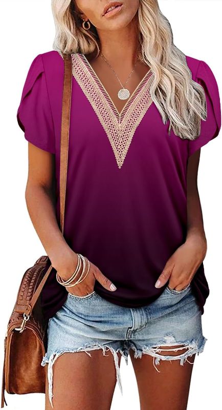 Photo 1 of Beaully 2023 Womens Summer V Neck T Shirts Short Petal Sleeve Tops Casual Loose Tshirts Tee Small Dark purple