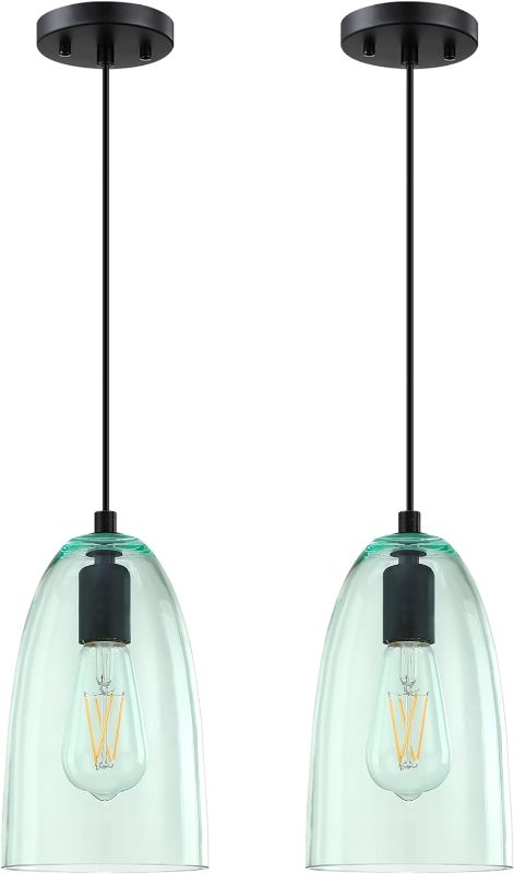 Photo 1 of 1 Light Indoor Hanging Kitchen Island Pendant Lights 5.3" Clear Glass Pendant Light Fixtures Black Finish Modern Farmhouse Dinning Over Sink (Clear Green Glass 2 Pack)
