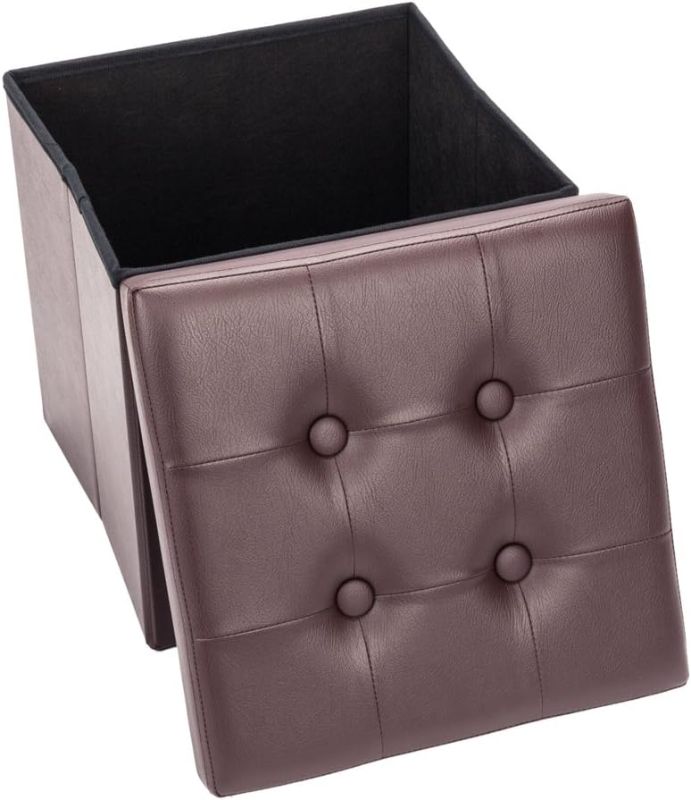 Photo 1 of 15" Faux Leather Folding Storage Practical PVC Leather Square Shape Leather Button Footstool Ottoman Cube Bench/Foot Rest Seat/Coffee Table/Versatile Storage Box (Brown, Style1)
