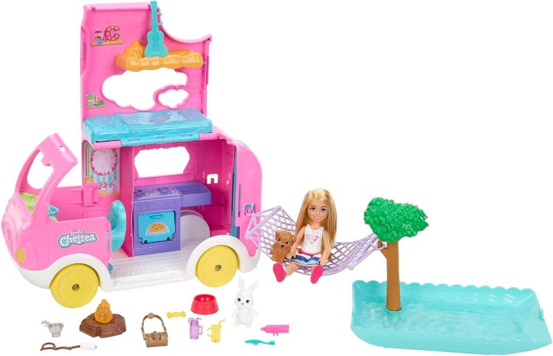 Photo 1 of Barbie Camper, Chelsea 2-in-1 Playset with Small Doll, 2 Pets & 15 Accessories, Vehicle Transforms into Camp Site (Amazon Exclusive)