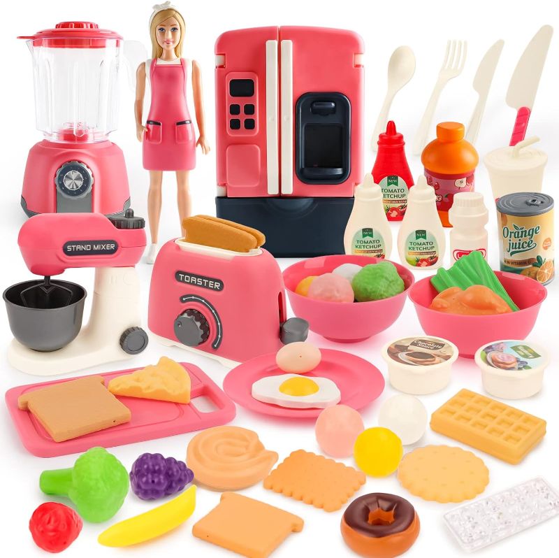 Photo 1 of deAO Kitchen Appliances Toys - 39 PCS Play Kitchen Accessories and Cute Doll,Kids Kitchen Pretend Play Set with Toy Refrigerator,Toaster,Blender
