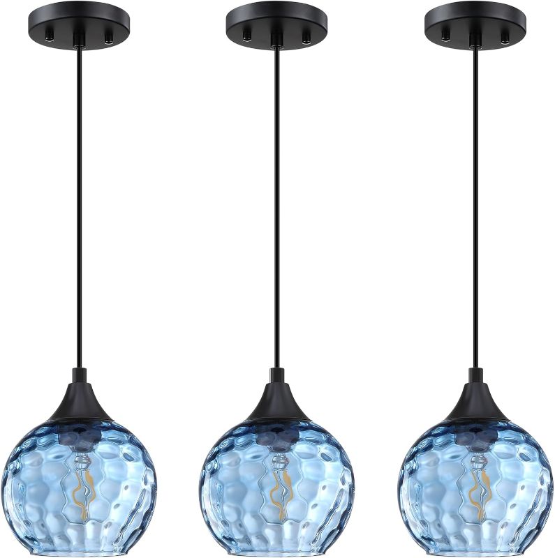 Photo 1 of 3 Pack 1 Light Hanging Modern Farmhouse Pendant Light Fixture,6.5" Hammer Blue Glass Mini Pendant Lighting Black Finish for Kitchen Island Dinning Over Sink Living Room Decor
