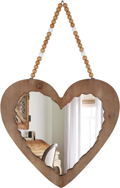 Photo 1 of ***BROKEN GLASSES*** Heart Mirror with Beads Chain for Wall Decor, Wooden Heart Shaped Hanging Mirror, Gorgeous Rustic Farmhouse Accent Mirror, Decorative Mirror for Entry, Bathroom, Bedrooms, Living Room(18.89”x28.3”) 