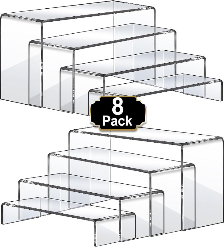 Photo 1 of Aheroi Large Acrylic Risers, 8 Pcs 2 Set Acrylic Display Set Rectangular Stands Shelf Clear Display Risers for Decor, Cake and Funko Pop Shelves Retail Shoe Showcase(1-3-4-5IN)