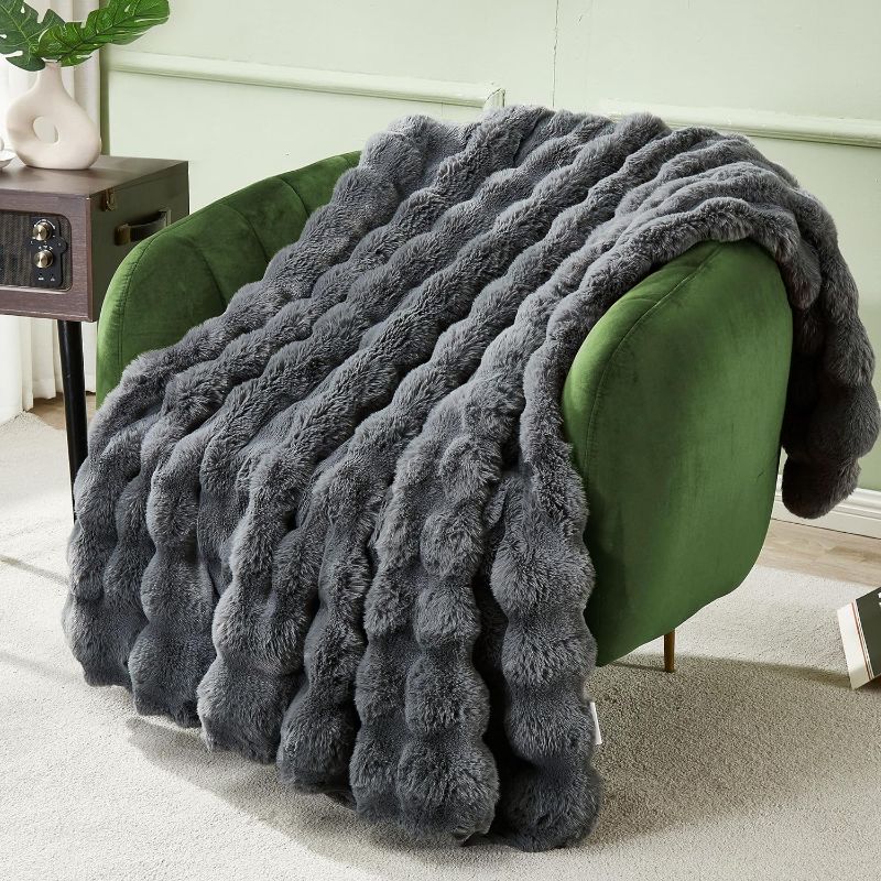 Photo 1 of ***SIMILAR ITEM, DIFFERENT COLOR*** Extra Soft Fuzzy Faux Rabbit Fur Throw Blanket for Couch Bed 50" x 60", Reversible Long Shaggy Thick Warm Fluffy Blanket for Winter, Decorative Gray Cozy Plush Cute Bubble Furry Blanket,Grey