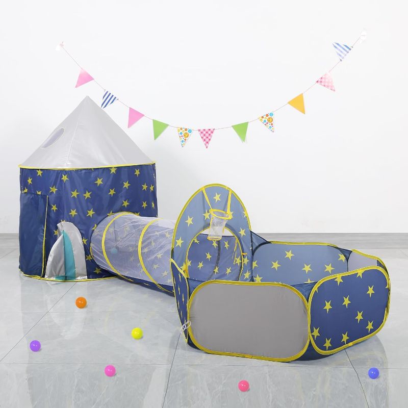 Photo 1 of LimitlessFunN 4pc Kids Play Tent, Crawl Tunnel, Ball Pit and Star Lights [ Pop Up Portable Glow in The Dark Stars ] Children Castle Playhouse for Girls & Boys, Indoor and Outdoor (Rocket)