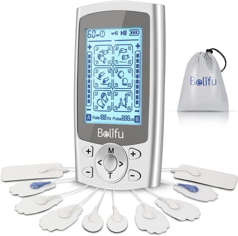 Photo 1 of Belifu Dual Independent Channels TENS EMS Unit for Pain Relief, TENS Unit Muscle Stimulator with 24 Modes 20 Levels Intensity, Electric Pulse Massager TENS Massager with 10 Pads, Storage Bag