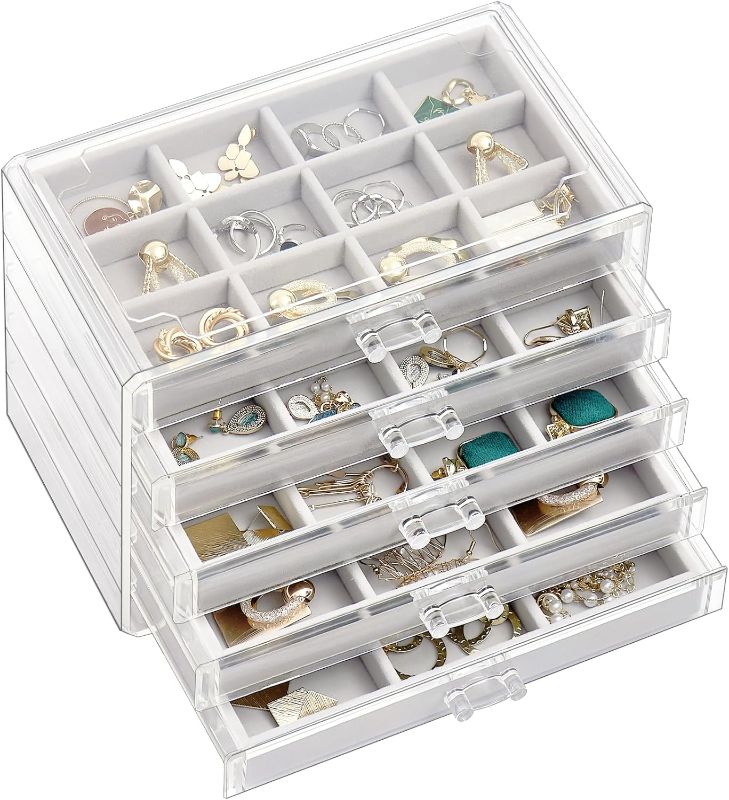 Photo 1 of ***BROKEN ON TOP*** ProCase Earring Holder Organizer Jewelry Box with 5 Drawers, Acrylic Clear Earring Case with Adjustable Velvet Trays for Women - Grey, 5 Layers