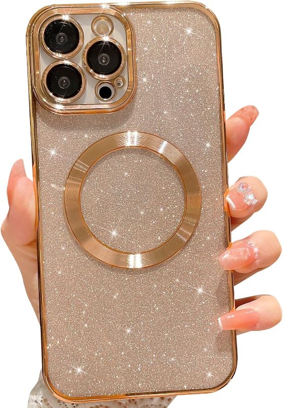 Photo 1 of Eiyikof Compatible with iPhone 13 Pro Max Magnetic Case [Compatible with MagSafe] with Camera Lens Protector, Luxury Plating Cute Glitter Bling Clear Case for Women Girls Soft TPU Cover-Golden iPhone 13 Pro Max Elegant Golden 2 Pack