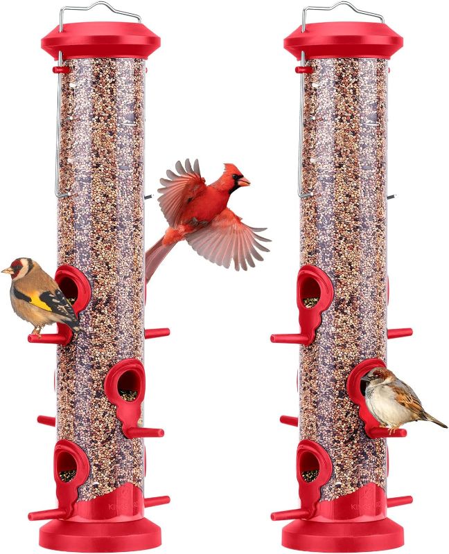 Photo 1 of 2 Pack Tube Bird Feeders for Outdoors Hanging, Premium Hard Plastic Bird Feeder with 6 Feeding Ports, Weatherproof & Steel Hanger, Attracting for Wild Birds (Red)