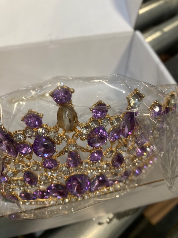 Photo 4 of Gorgeous Gold Color Purple Rhinestone Tiaras Crowns Headbands Bride Party Crystal Diadem Bridal Wedding Hair Ornaments
***One Rhinestone missing*** 