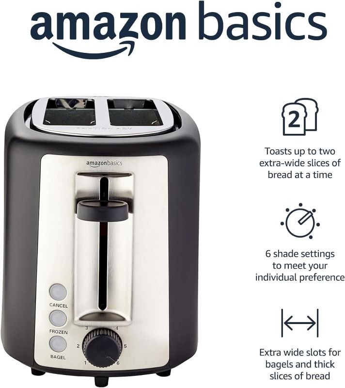 Photo 1 of Amazon Basics 2 Slice, Extra-Wide Slot Toaster with 6 Shade Settings, Black & Silver
