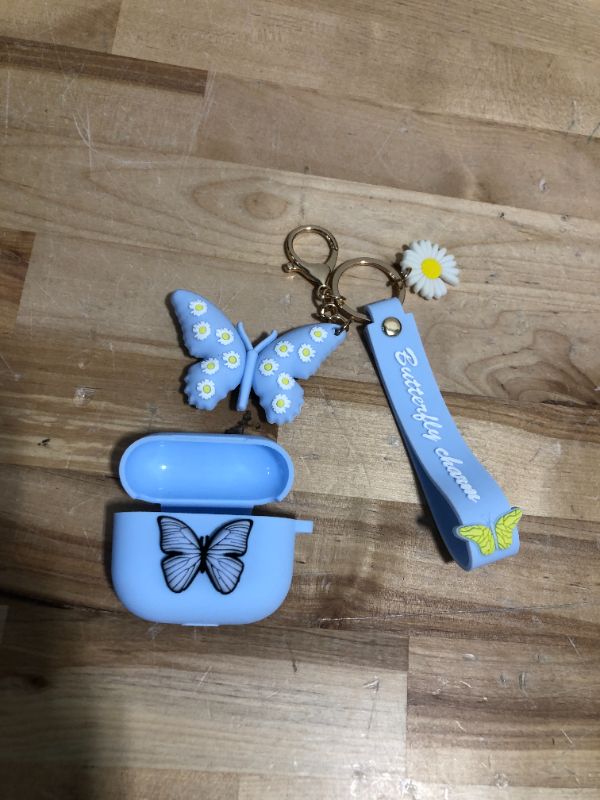 Photo 3 of Compatible with Airpods 3rd Gen 2021 Case Cover, Cute 3D Butterfly Fashion Cartoon Liquid Silicone Kids Teens Cases with Fun Cool Keychain for Apple Airpods 3rd Generation Charging Case (Blue)
