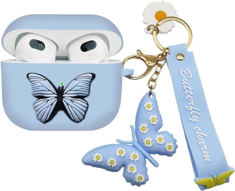 Photo 1 of Compatible with Airpods 3rd Gen 2021 Case Cover, Cute 3D Butterfly Fashion Cartoon Liquid Silicone Kids Teens Cases with Fun Cool Keychain for Apple Airpods 3rd Generation Charging Case (Blue)
