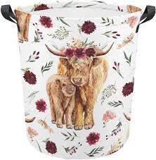 Photo 1 of 2 PCS Boho Floral Highland Cow Pig Storage Bins Oxford Fabric Storage Basket for Shelves for Organizing Closet Shelf Nursery Toy with Handles 10 x 14 x 8 inches