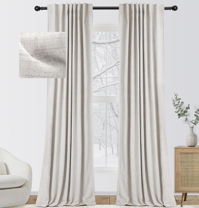 Photo 1 of 100% Blackout Shield Blackout Curtains for Bedroom 96 inch Length 2 Panels Set, Clip Rings/Rod Pocket Faux Linen Blackout Curtains, Thermal Insulated Curtains for Living Room, 50Wx96L, Beige