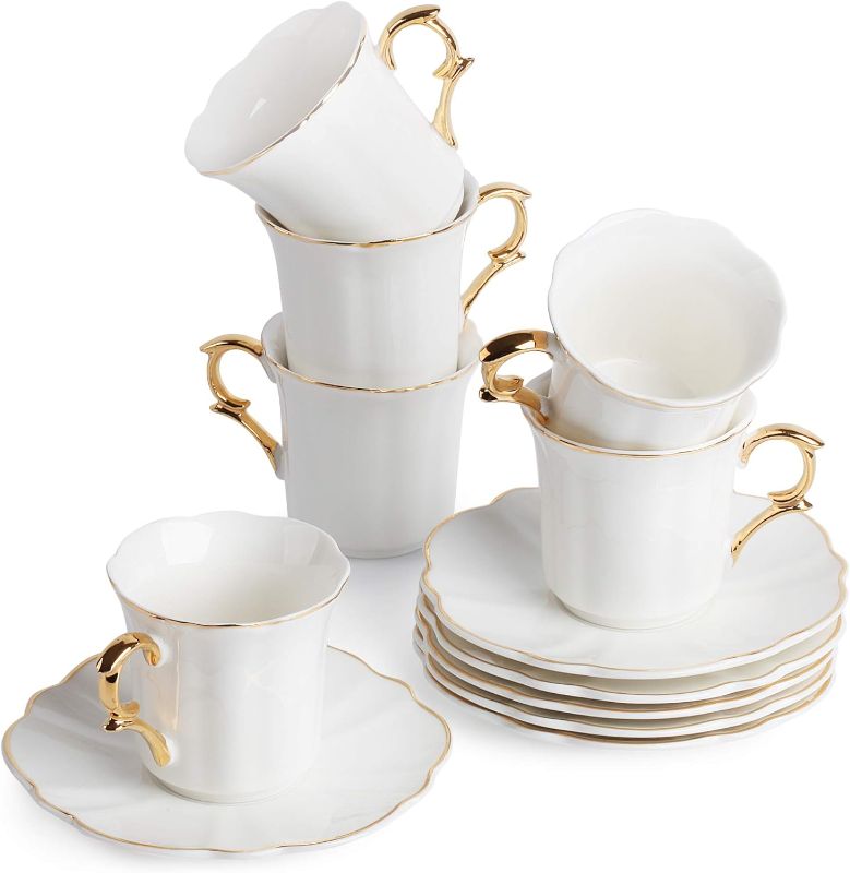 Photo 1 of 12 Pieces (Tiny Style) Mini Porcelain Espresso Cups with Saucers - 2.5 Ounces Coffee Cup and Saucer set of 6, 80cc,White