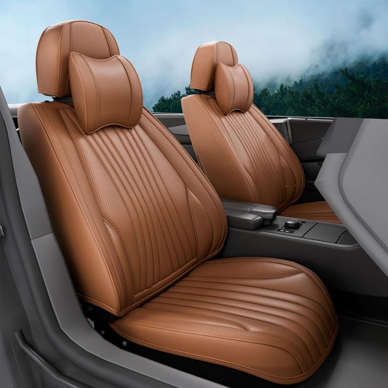 Photo 1 of 2 Pieces LB Front Car Seat Covers, Waterproof Nappa Leather Front Car Seat Protectors with Headrests, Universal Auto Interior Fit for Sedans SUV Pick-up Truck, Cocoa Brown