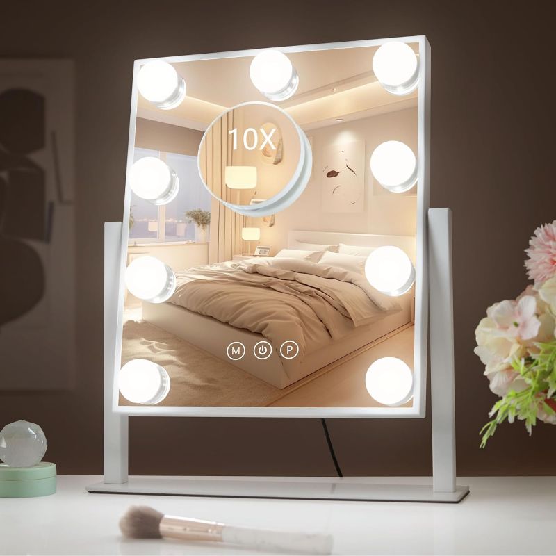 Photo 1 of 14.4"x10" Vanity Mirror with Lights, Hollywood Vanity Makeup Mirror with 9 Dimmable LED Bulbs, 3 Color Lighting Modes, Detachable 10X Magnification, 360°Rotation,White
