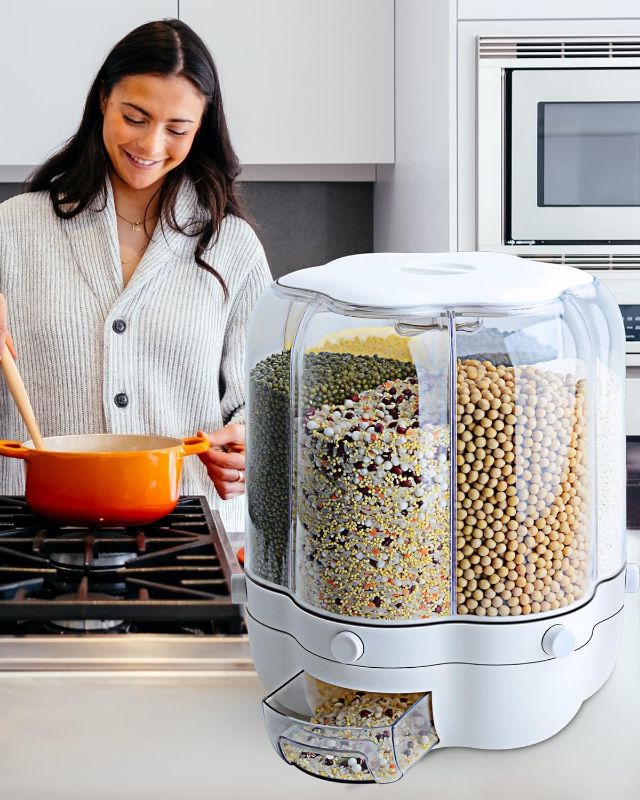 Photo 1 of 1 Qt Rotating Storage Container, 6-Compartment Dry Food Dispenser with Measuring Cup for Kitchen Small Grains, Beans, Rice