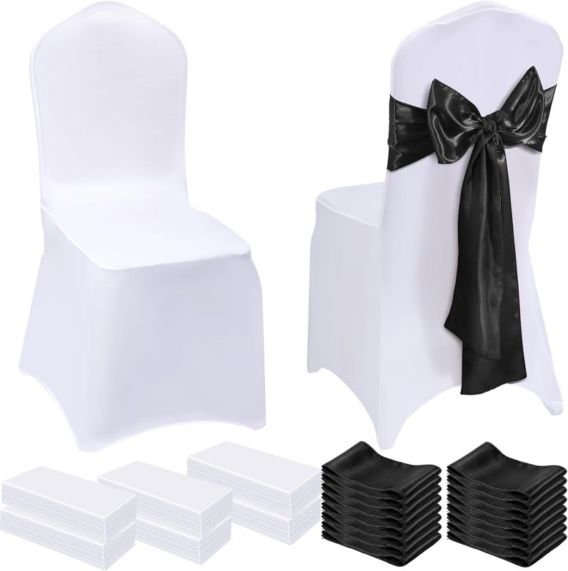 Photo 1 of 100 Pcs Wedding Chair Covers 50 Stretch Spandex Chair Covers with 50 Decorative Elastic Chair Sash Silk Chair Bows for Wedding Banquet Dining Kitchen Party Decoration(Black, White)