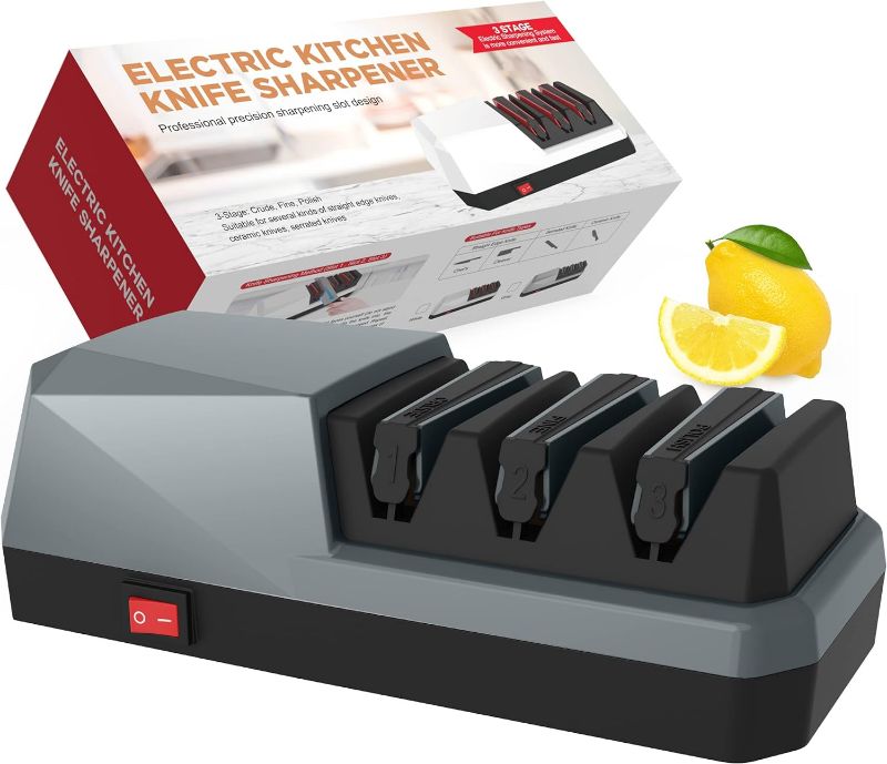 Photo 1 of " NEW FACTORY SEALED" 
Electric Knife Sharpener- YOORLEAY Knife Sharpeners, 3 Stage Electric Knife Sharpener, 3 Stage, Grey