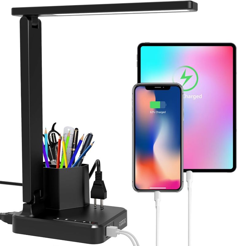 Photo 1 of Desk Lamp,Desk Lamps for Home Office,COZOO LED Desk Lamp with 2 USB Charging Ports,2 Pen Holders,1 Outlet,3 Color 3 Brightness Levels,Touch/Memory/Timer,LED Desk Light Small Desk Lamp Kids Study Lamp
