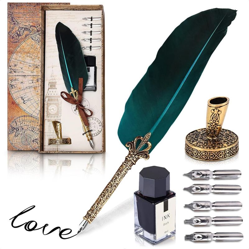 Photo 1 of Feather Quill Pen and Ink Set Blue - Fountain Pen Case Luxury Pen Feathers Vintage Pen Holder Writing Paper Quill Pen and Ink Set - Fountain Pens for Writing Blue Signature Pen Writing Supplies