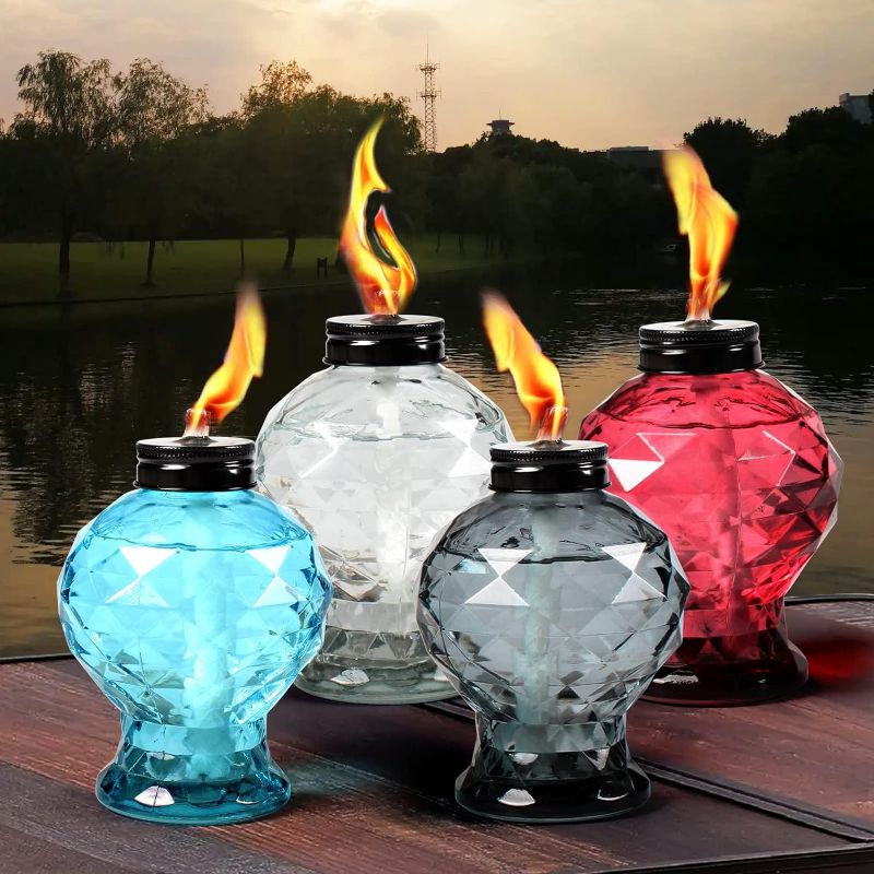 Photo 1 of 4 Pack Glass Table Torch,Citronella Glass Table top Torches with Wick and Cap for Outdoor,Refillable Torches Landscape Lanterns Torches for Yard Patio Christmas Garden,Party Decor