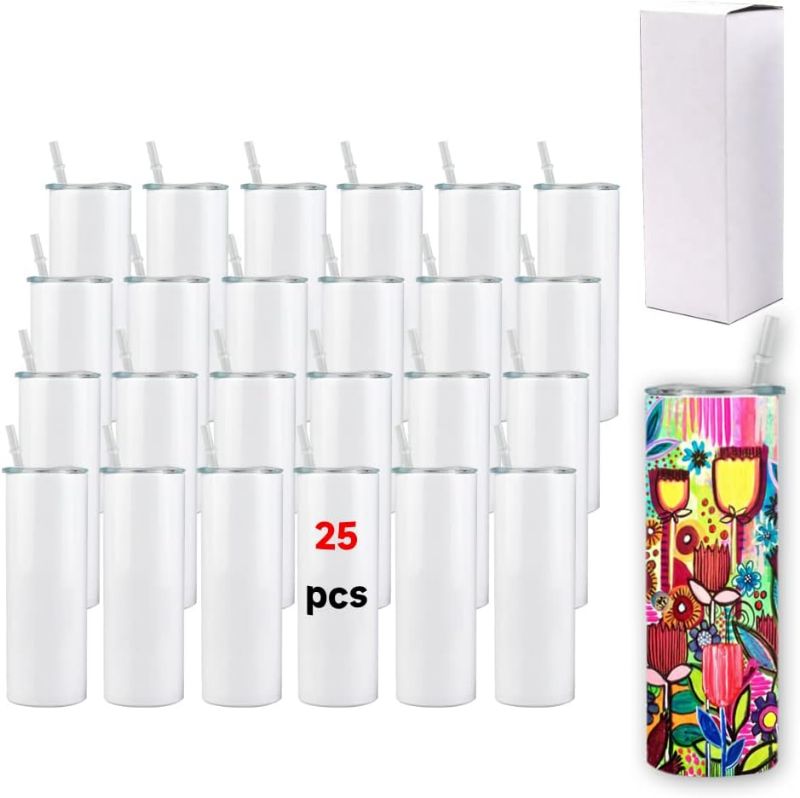 Photo 1 of 20 oz Stainless Steel Straight Tumbler, 24 Pack - Double Wall Vacuum Insulated Sublimation Blanks with Straws, Food Grade 304 Steel, Perfect for Heat Transfer DIY Making 