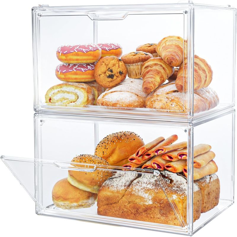 Photo 1 of 2PCS Upgrade Large Plastic Bread Box Bread Holder, Stackable Double Layer Bread Storage Container, Clear Bread Boxes for Kitchen Countertop, Pantry Storage