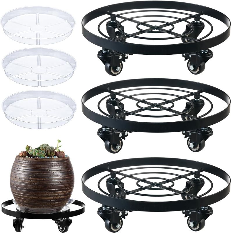 Photo 1 of 3 Packs Large Metal Plant Caddy 12.6” Plant Dolly with Wheels Heavy-duty Wrought Iron Rolling Plant Stand with Casters for Indoor and Outdoor Plant Pot Rollers Black,