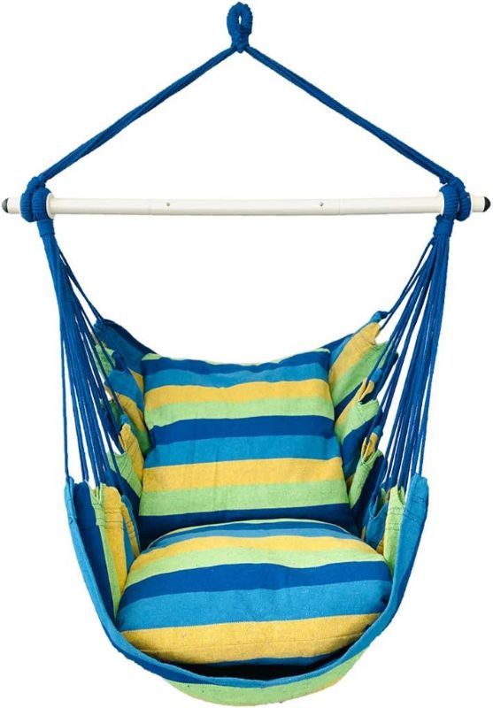 Photo 1 of "COLOR / RED STRIPED" Highwild Hammock Chair Hanging Rope Swing - Max 500 Lbs - 2 Cushions Included - Steel Spreader Bar with Anti-Slip Rings - for Any Indoor or Outdoor Spaces (RED Striped)