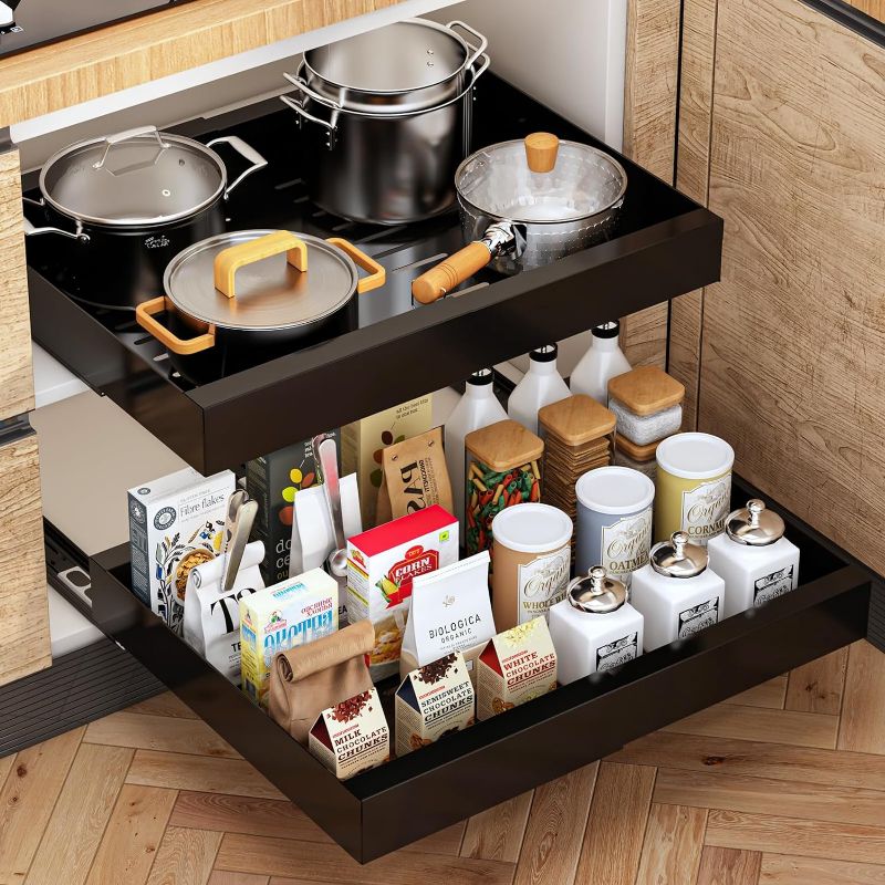 Photo 1 of 2Pc Pull out Cabinet Organizer,Slide out Drawer with 3 Rails,Expandable(12.1"-20"W)Peel and Stick Pull out Drawers for Kitchen,No Screw Adjustable Cabinet Drawer,Pantry Roll out Shelves,No Drill,Black