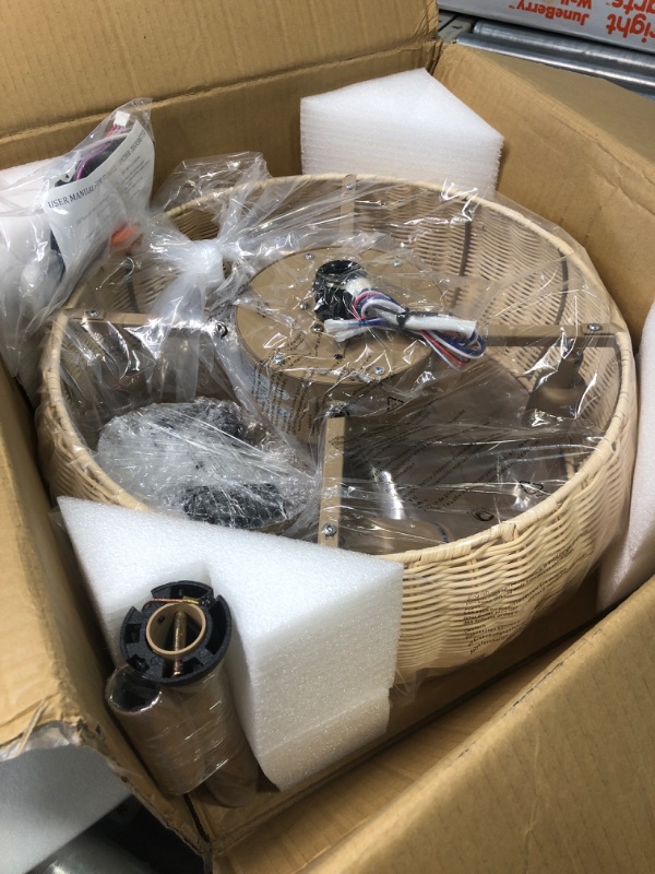 Photo 1 of Rattan Ceiling Fan Lighting with Remote Control, Boho Caged Ceiling Fan Light Fixture with Reversible Motor Suitable for Restaurant Living Room Bedroom Dining Room Kitchen Island 17.3"
