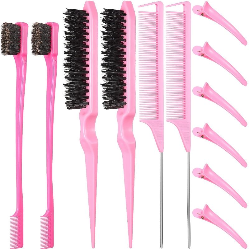 Photo 1 of 12 Pieces Hair Brush Set, Nylon Teasing Hair Brushes 3 Row Salon Teasing Brush, Double Sided Hair Edge Smooth Comb Grooming, Rat Tail Combs with Duckbill Clips for Women Girls (Pink)