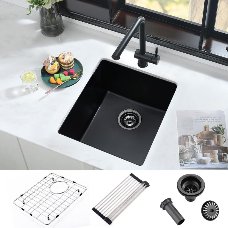 Photo 1 of 17 Inch Black Undemount Bar Sink Quartz-iAnomla 17x17 Inch Matte Black Bar Sink Undermount Quartz Composite Bar Sink Outdoor Rv Single Bowl Wet Bar Sink Small Kitchen Sink with Bottom Grid