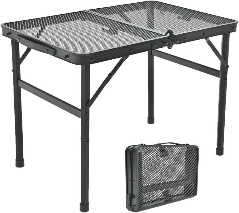 Photo 1 of 2 ft Folding Grill Table with Mesh Desktop, Anti-Slip Feet, Height Adjustable, Lightweight & Portable Aluminum Outdoor Table for Camping, Picnic, RV, BBQ (23.6"X16"X22.5")