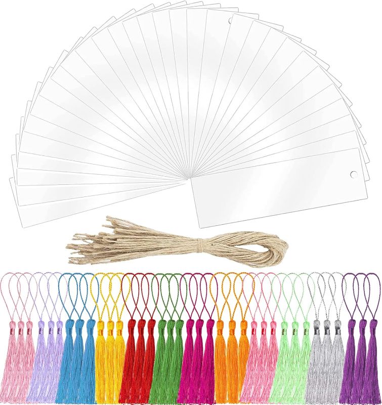 Photo 1 of 96 Pieces Acrylic Blank Bookmark Set, BetterJonny 30Pcs Clear Craft Bookmark with 36Pcs Tassels and 30Pcs Ropes Rectangle Unfinished Book Marker Tags for Classroom Projects and Present Tags