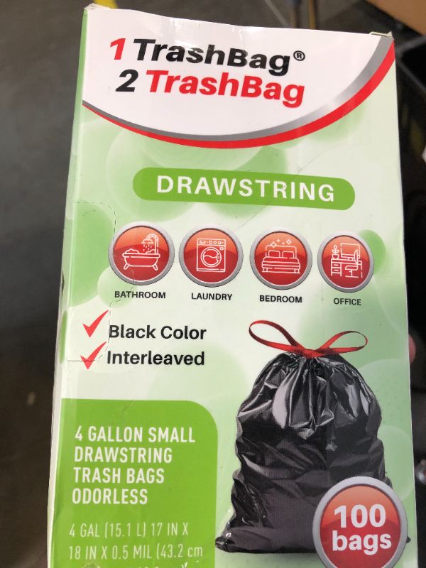 Photo 2 of 4 Gallon Trash Bags Drawstring - 100 Count Pre-Separated Small Black Garbage Bags Unscented for Bathroom, 15 Liter Strong Plastic Wastebasket Liners for Toilet, Home Office and Bedroom