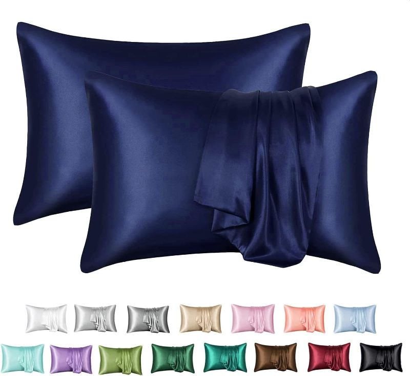 Photo 1 of MR&HM Satin Pillowcase for Hair and Skin, Silk Satin Pillowcase 2 Pack, Standard Size Pillow Cases Set of 2, Silky Pillow Cover with Envelope Closure (20x26, Navy Blue)